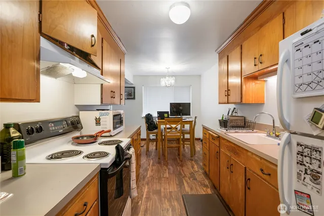 a view of a dining room with furniture