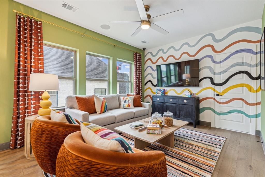 2078 Cuellar Way Van Alstyne, TX 75495 - Photo 27 of 30 a living room with furniture a flat screen tv and a floor to ceiling window