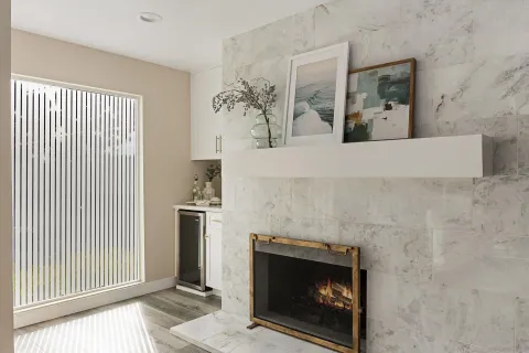 a living room with a fireplace