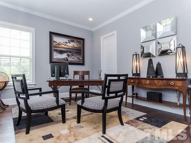 3619 Rolston Drive Raleigh, NC 27609 - Photo 4 of 24 An ideal office/study with beautiful glass doors, 10' ceilings and a wall of windows. Large closest has shelving that is ideal for storage. A central command post for family business and activity.