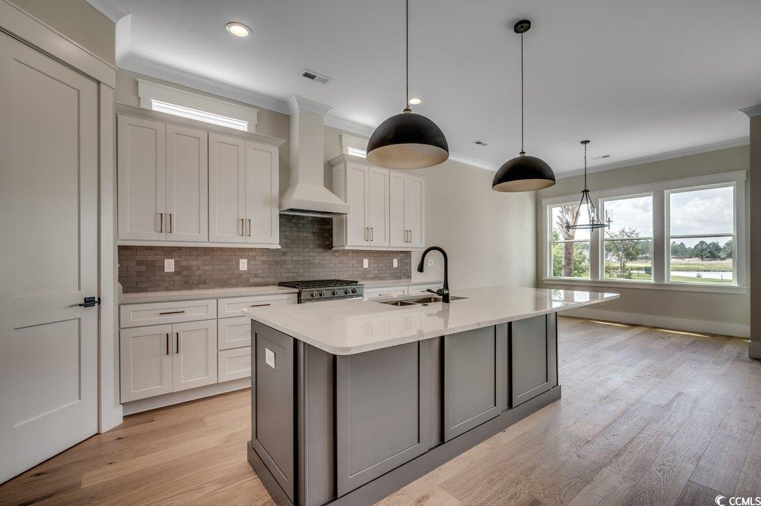 404 Plantation Oaks Drive Myrtle Beach, SC 29579 - Photo 6 of 29 Kitchen with a sink, wall chimney exhaust hood, backsplash, ornamental molding, and white cabinetry