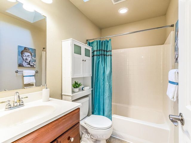 a bathroom with a sink a toilet a mirror a vanity and shower