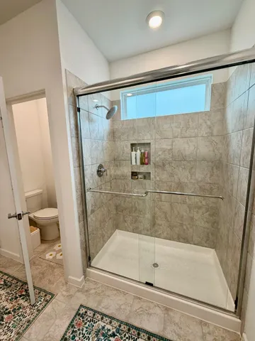 a bathroom with a shower and a toilet
