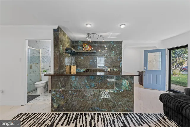 a bathroom with a bathtub