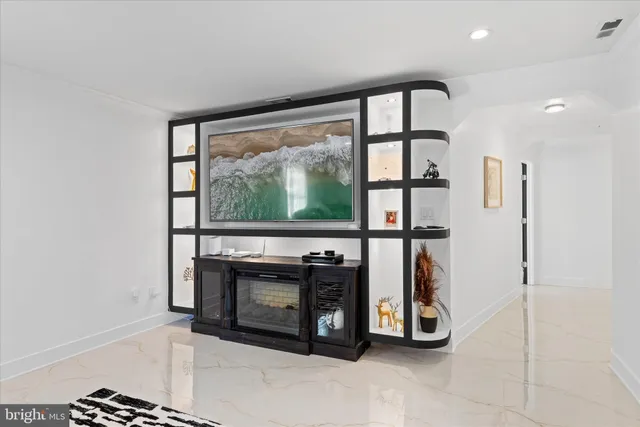 a view of a dining room and chandelier