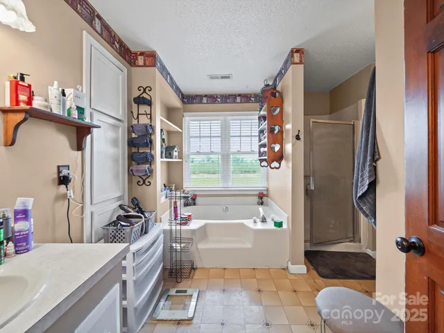 a bathroom with a tub sink and mirror