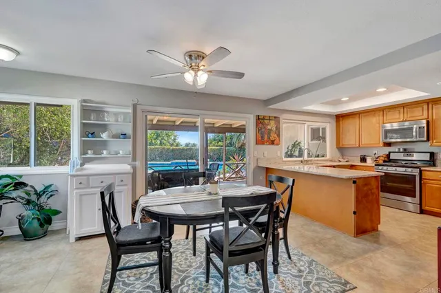 a view of a dining room with furniture window and outside view