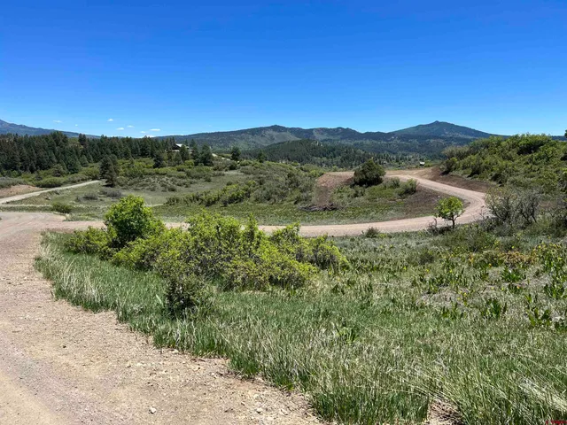 a view of a lush green outdoor space with a swimming pool and valleys in the background