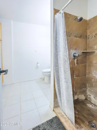 a bathroom with a toilet and a shower