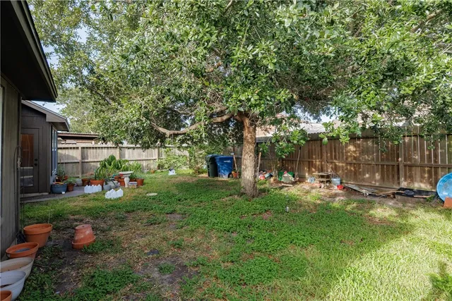 a view of a backyard with table and chairs and a large tree