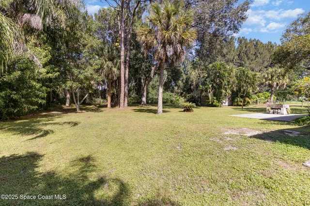 a backyard of apartments with large trees