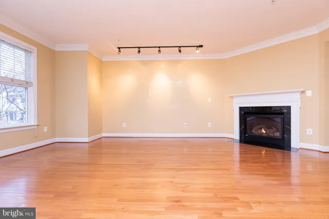 a view of empty room with wooden floor and fireplace