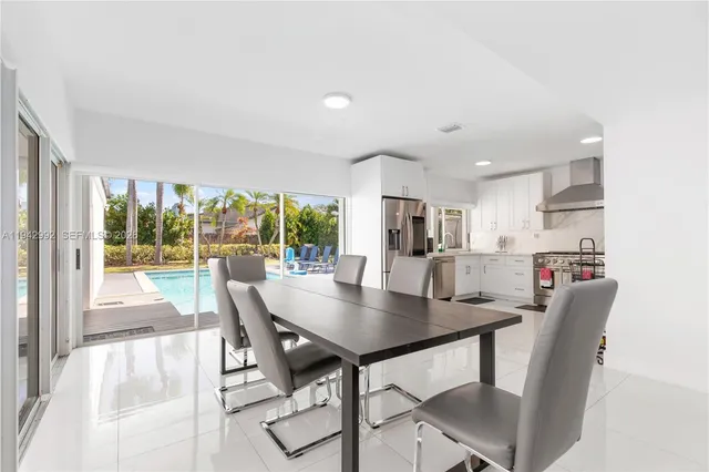 a view of a dining room with furniture window and outside view