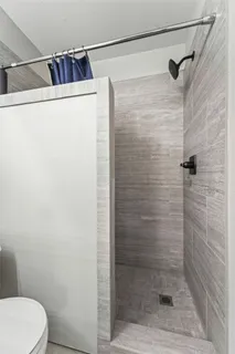a bathroom with a shower and toilet