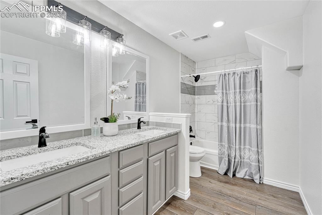 1185 Bowstring Road Monument, CO 80132 - Photo 37 of 46 a bathroom with a granite countertop sink a toilet and a large mirror