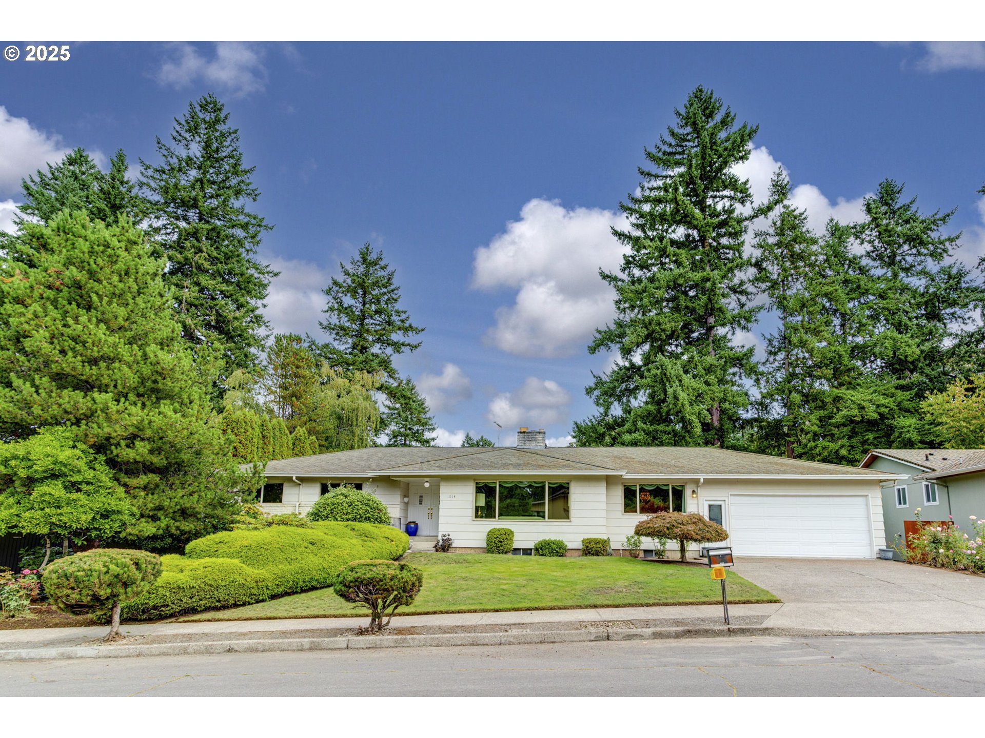 a front view of a house with a yard and trees