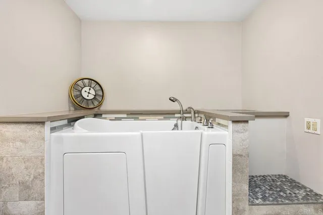 a bathroom with a shower and a sink