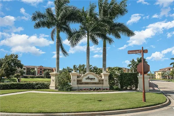a view of a palm tree with flower garden and palm trees