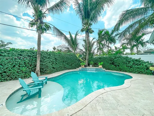 a view of a swimming pool with a garden
