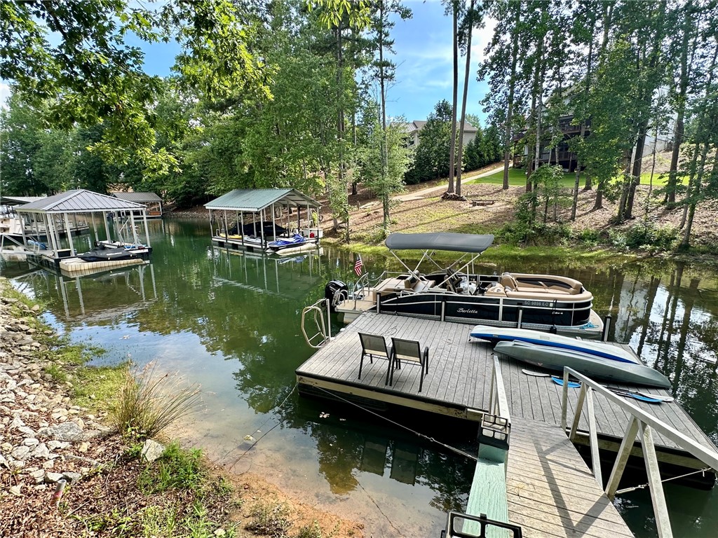 206 Petty Road Seneca, SC 29672 - Photo 45 of 49 Serene waterfront setting features a private dock surrounded by mature trees.