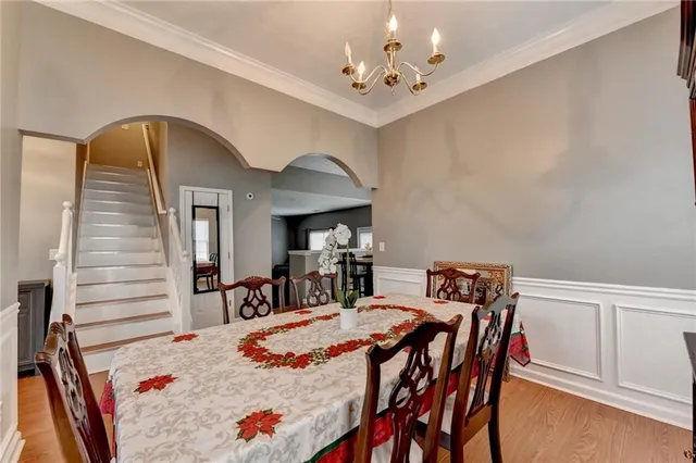 a view of a dining room with furniture