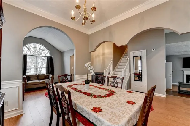 a view of a dining room with furniture