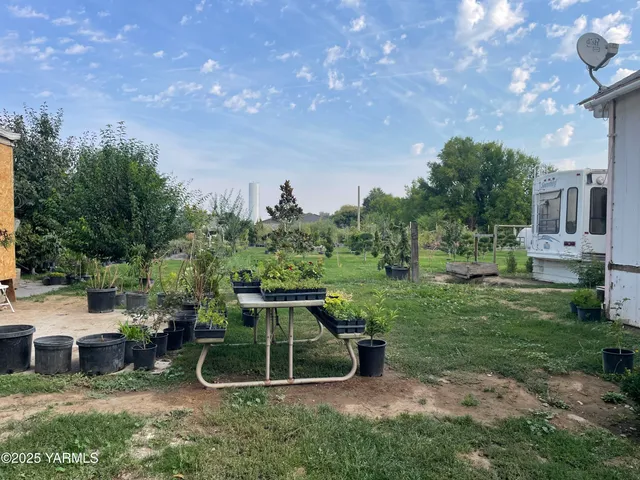 a view of a chair and table in the garden