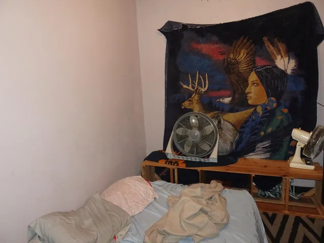a bedroom with a bed and a painting on the wall