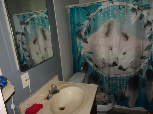 a bathroom with a sink and mirror with toilet