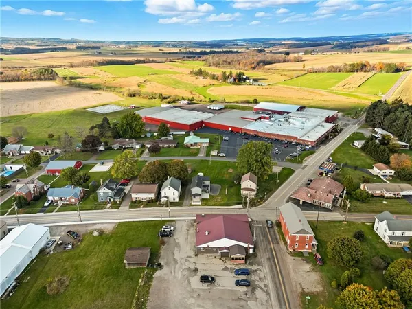 a view of an ocean and a building