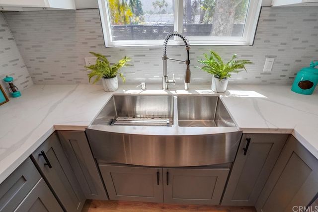 a kitchen with a sink and a potted plant