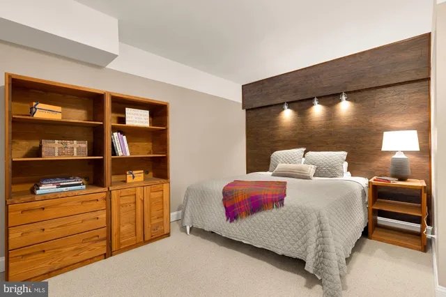 a bedroom with a bed and closet