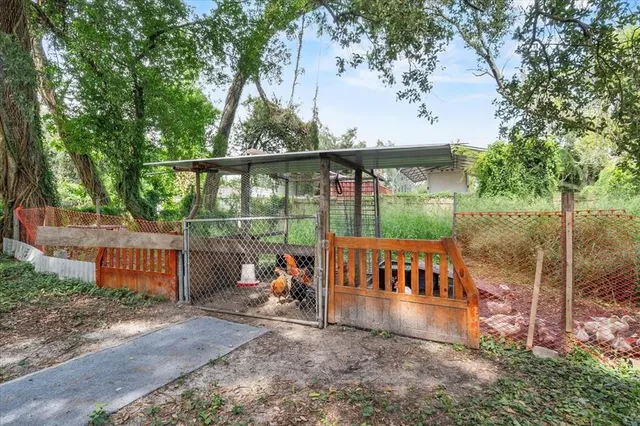 a view of a park with a tree and wooden fence