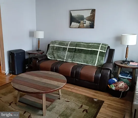 a living room with furniture and a lamp