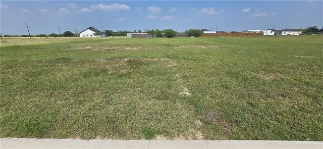 a view of a field with an ocean and trees in the background