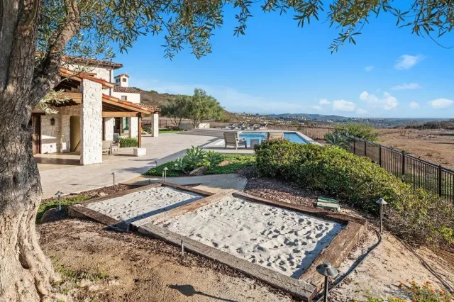 a view of yard with swimming pool and green space