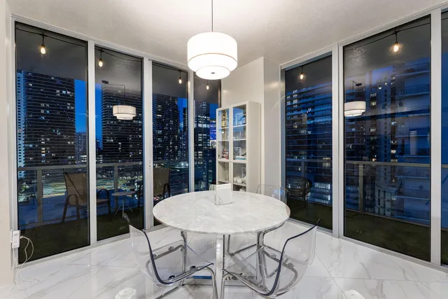 a view of a dining room with furniture