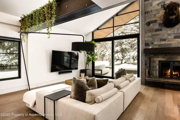 a living room with furniture a flat screen tv and a fireplace