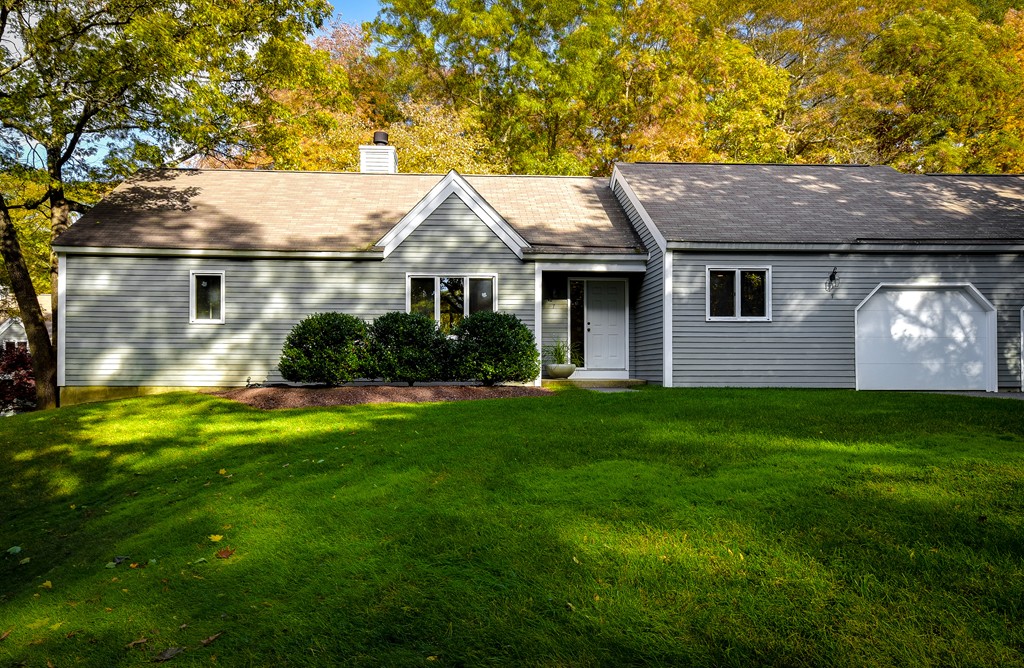 a front view of house with yard and green space