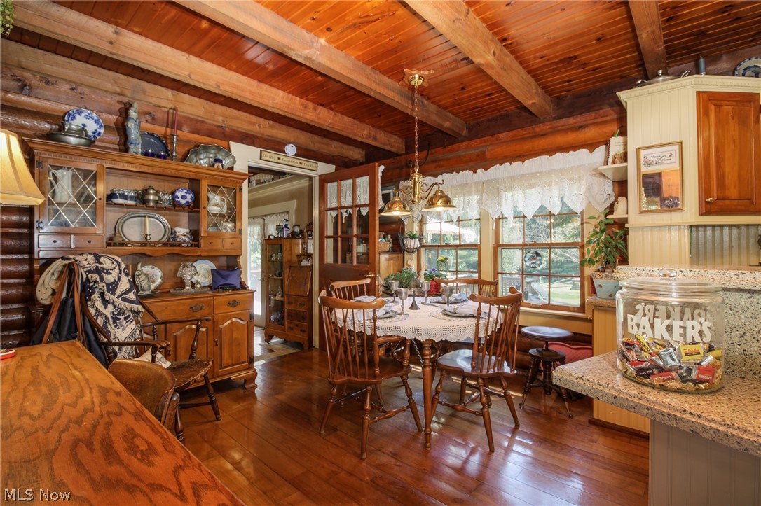 1070 Highland Ridge Road Lowell, OH 45744 - Photo 12 of 40 Dining area featuring beamed ceiling, wooden ceiling, and dark hardwood floors