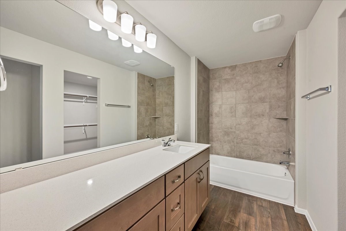116 Honeybee Lane Elgin, TX 78621 - Photo 23 of 37 a bathroom with a sink a large mirror and a bathtub