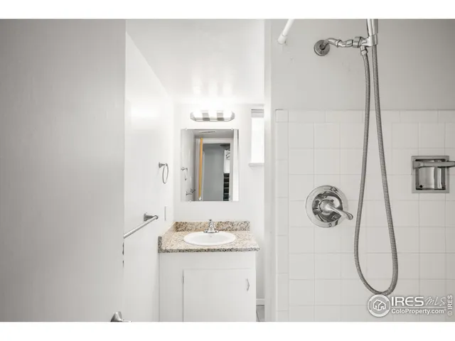 a bathroom with a shower sink and mirror