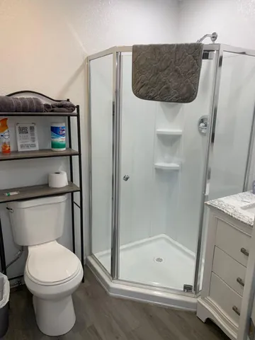 a bathroom with a toilet and a shower