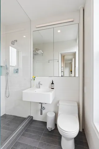 a bathroom with a toilet sink and mirror