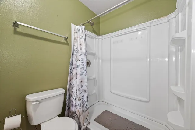 a white toilet sitting next to a shower curtain