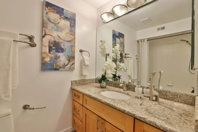a bathroom with a granite countertop sink a mirror and a shower