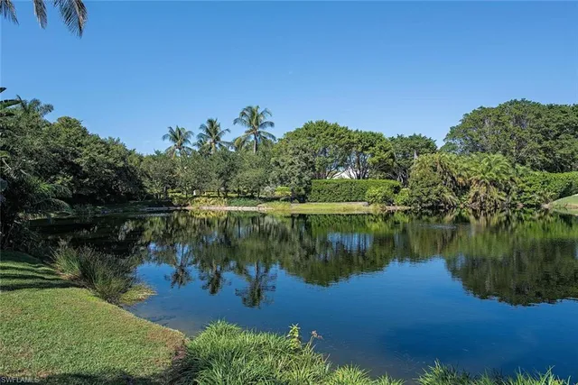 a view of a lake with a yard