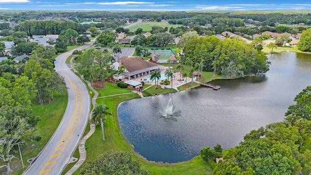 an aerial view of a house with a yard and lake view