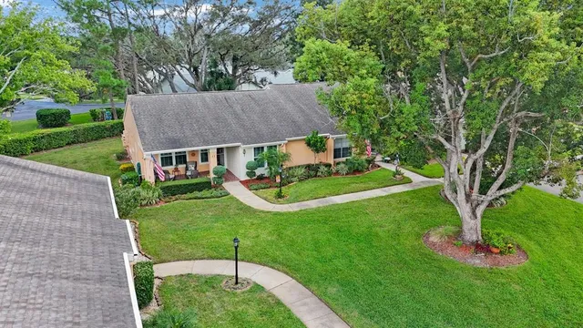 a view of a house with a big yard potted plants and large tree