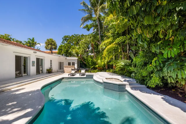 a view of a swimming pool with a yard